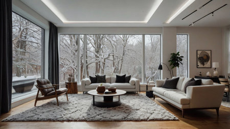 Luxury living room with a view of the winter landscape.の写真素材