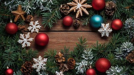 Christmas decoration on rustic wooden background. Top view with copy space