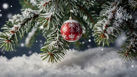 Christmas background with fir tree branches and red christmas ball on snow