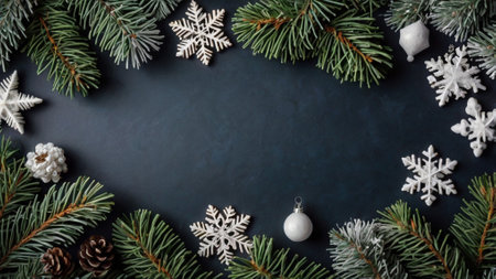 Christmas greeting card. Festive decoration on dark blue background. New Year concept. Copy space.  Flat lay. Top view.の写真素材
