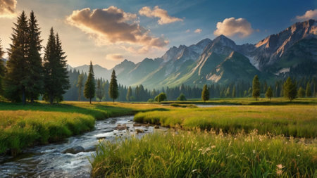 Panoramic view of alpine meadow and mountain river.の写真素材