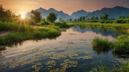 Sunset over a river with green grass and mountains in the backgroundの写真素材