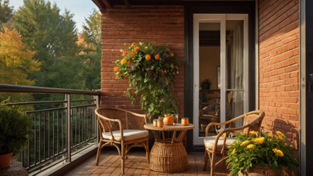 outdoors terrace with wicker chairs and table in front of houseの写真素材