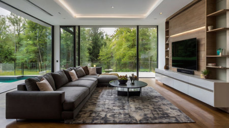 Modern house interior, living room with a view of the garden. Nobody insideの写真素材