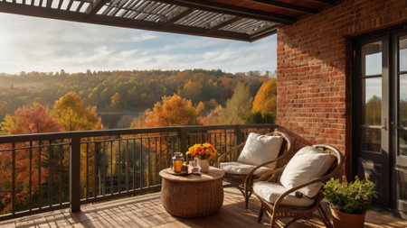 Beautiful terrace with panoramic view on the autumn forestの写真素材