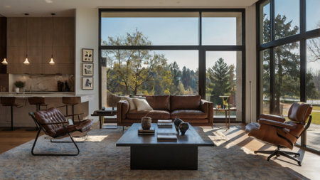 Modern living room interior with large window overlooking the countryside. Nobody inside