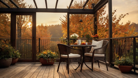 Table and chairs on terrace of house with autumnal foliage in backgroundの写真素材
