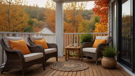 Two wicker chairs on the terrace with autumnal foliage in the background