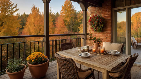 Beautiful terrace with a view of the autumn forest and lakeの写真素材