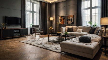 Luxury living room interior with sofa, coffee table and tv