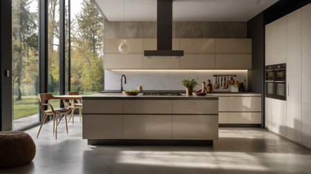 interior of modern kitchen in new luxury house with gray walls and concrete floorの写真素材
