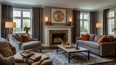 Living room with fireplace, comfortable sofa, coffee table and two armchairs