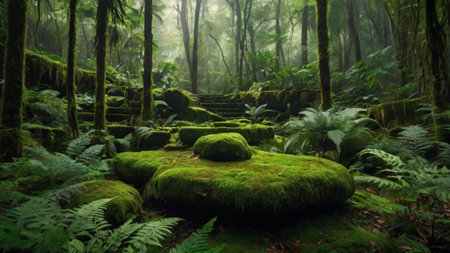 Tropical rainforest with moss covered stones and fernsの写真素材