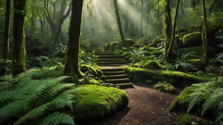 Mossy stairs in the rainforest at Doi Inthanon National Park, Thailandの写真素材