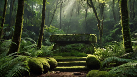 Stone bench in the green forest with mist and ferns.