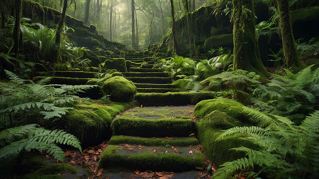 Staircase in rain forest with green moss and ferns