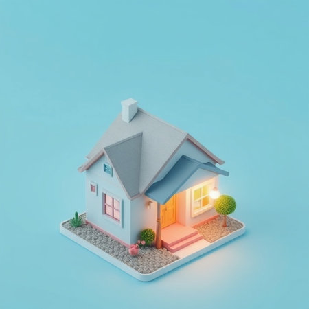House model on blue background. 3D illustration. Conceptual image.の写真素材
