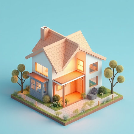 3d isometric private house on blue background. Vector illustration.の写真素材