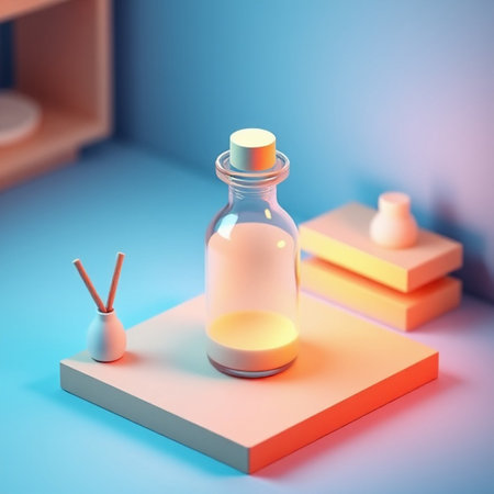 3d render illustration of glass bottle with magic potion on shelf.