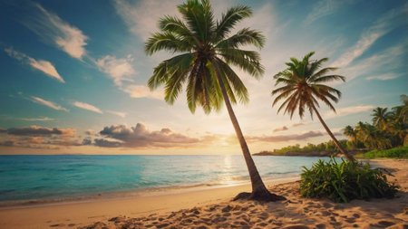 Beautiful tropical beach with coconut palm tree at sunset time - Vintage Filterの写真素材