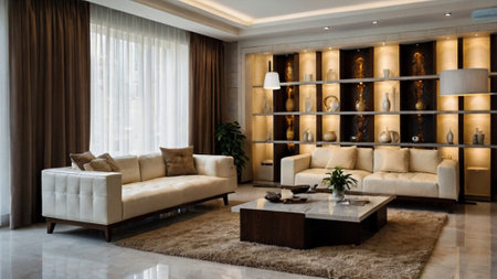 Interior of modern living room with white sofas and bookshelf