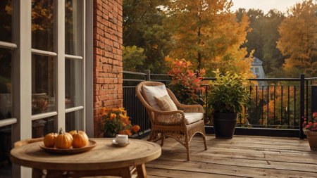 A wicker chair on the terrace of a country house in autumnの写真素材