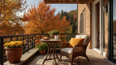 Beautiful view of the terrace of a country house in autumn.の写真素材