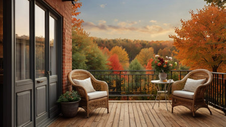 Balcony with a view of the autumn forest. 3d renderの写真素材