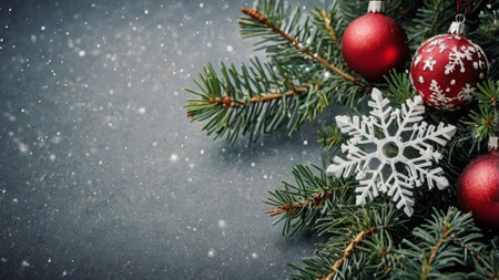 Christmas greeting card. Festive decoration on bokeh background. New Year concept. Copy space.  Flat lay. Top view.の写真素材