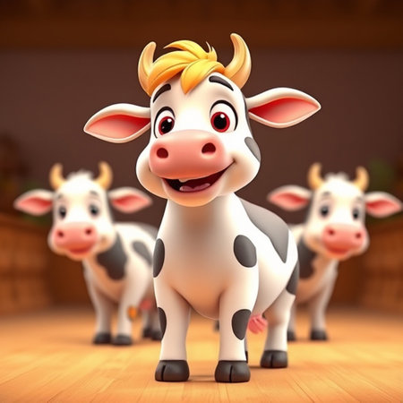 3d rendered illustration of cow cartoon character in barn interior with wooden floorの写真素材