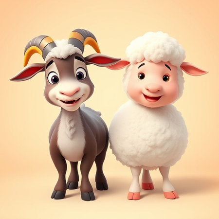 Sheep and sheep on orange background. 3D illustration. Cartoon character.の写真素材
