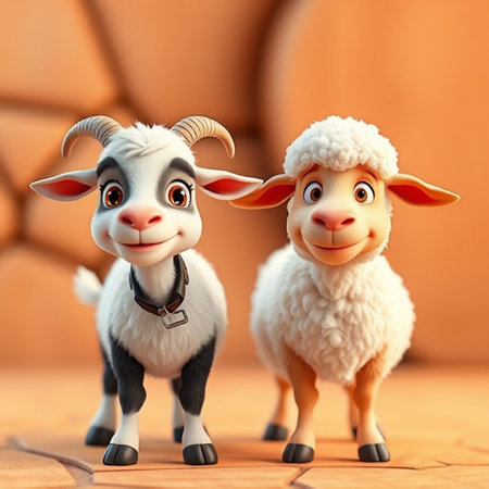 3d illustration of a funny cartoon goat and sheep standing on the floor