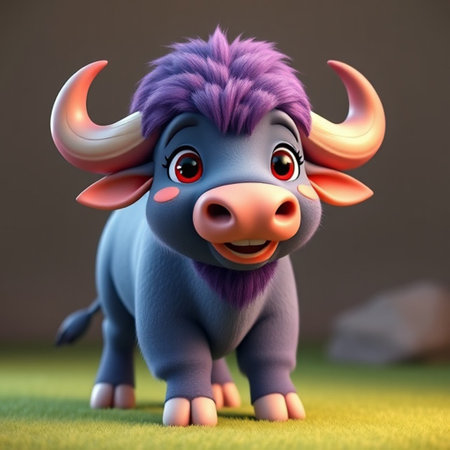 3d illustration of a cute cartoon buffalo with purple hair standing on the grassの写真素材