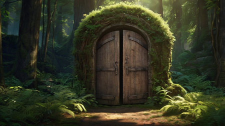 Wooden door in the green forest. 3d render illustration.の写真素材