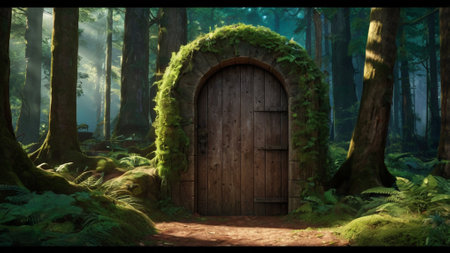 Wooden door in a fantasy forest. 3d render illustration.の写真素材