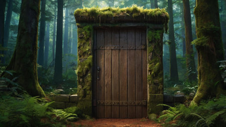 Old wooden door in the forest. 3D render. Fantasy.の写真素材