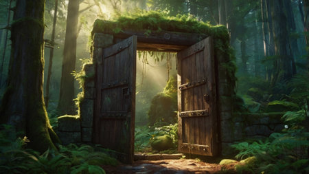 Wooden door in the green forest. 3D rendering. Fantasy forest.の写真素材