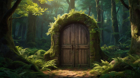 Wooden door in a fantasy forest. 3d render illustration.の写真素材