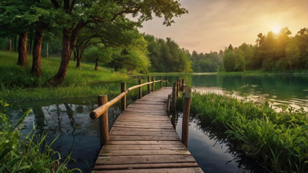 Wooden bridge over the lake in the park. Summer landscape.の写真素材