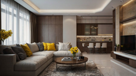 3d rendering luxury living room and dining room with tv and sofaの写真素材