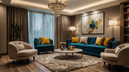 Luxury living room with blue sofa and coffee table. Interior designの写真素材