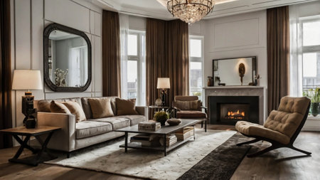 Luxury living room interior design. Sofa, armchairs and fireplace.