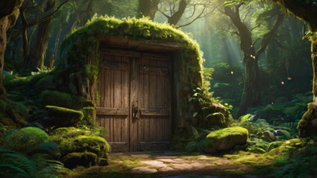 Fantasy landscape with old wooden door in the forest. 3D renderingの写真素材