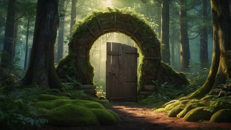 Fantasy door in the forest. 3D render. Fantasy forest.の写真素材