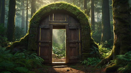 Old wooden door in the misty forest, 3d render.の写真素材