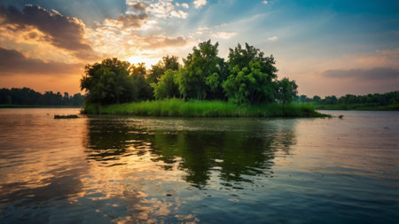 Beautiful sunset over the lake. Landscape with lake and treesの写真素材