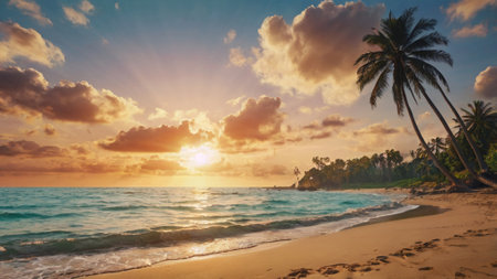 Tropical beach with palm trees at sunset, Seychellesの写真素材