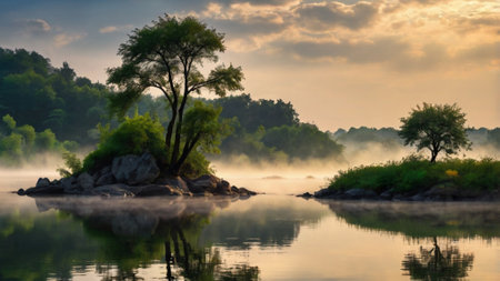 Landscape with a lake and trees in the fog at sunset.の写真素材