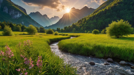 Panoramic view of a mountain river in a valley at sunset