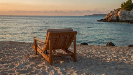 Wooden chair on the beach at sunset. Vacation concept.の写真素材